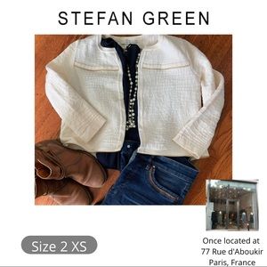 Stefan Green Size 2 Made in France Gold Accent Merino Wool&Lycra Cream Cardigan